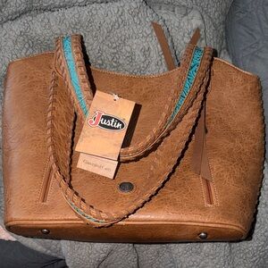 Justin Boots Tan Tote with Blue Highlights
